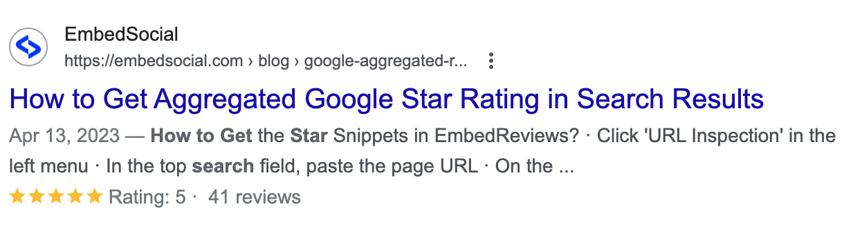 Text result showing google star ratings in the SERPs