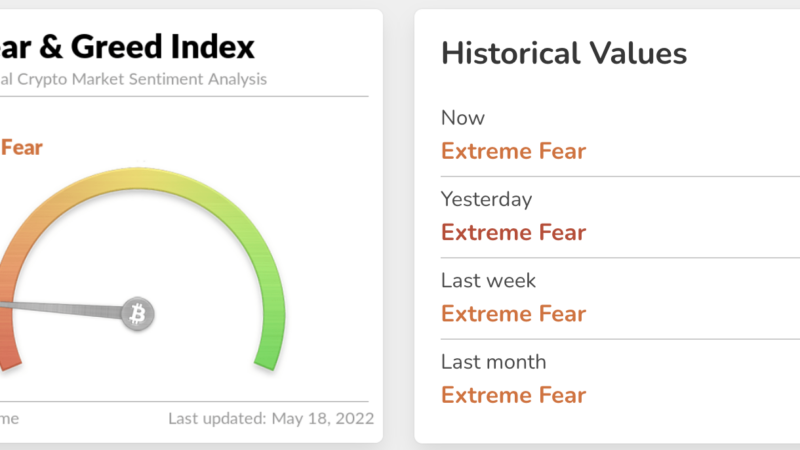 Chỉ số sợ hãi ngày 17/5 về mức 8, thấp nhất tính từ tháng 3/2020. Nguồn: Alternative