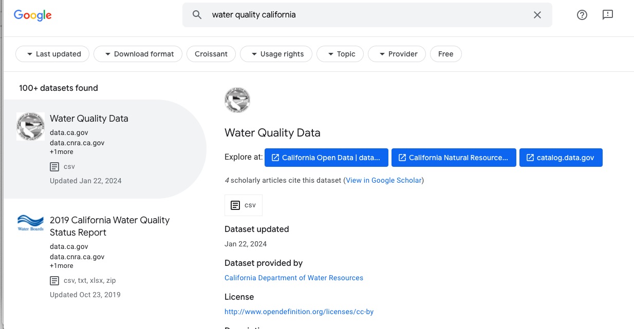Google search for water quality california
