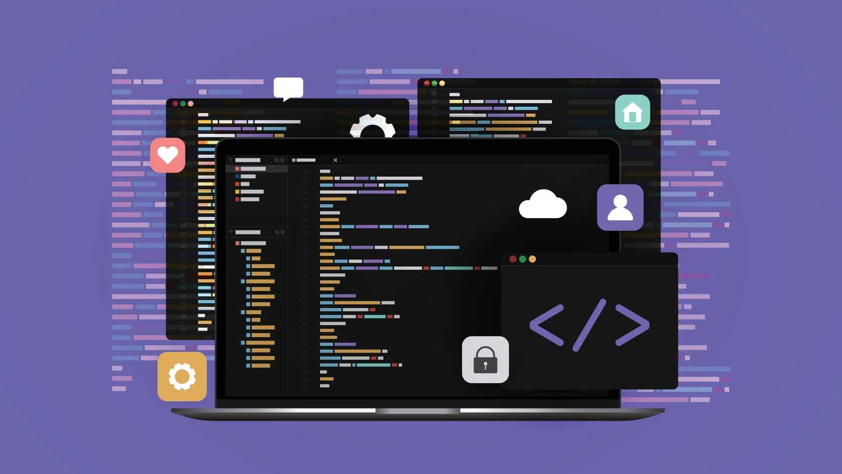 Concept of computer programming or developing software. Laptop computer with code on screen. Heart, message, cog, home, user, cloud, and lock icons.