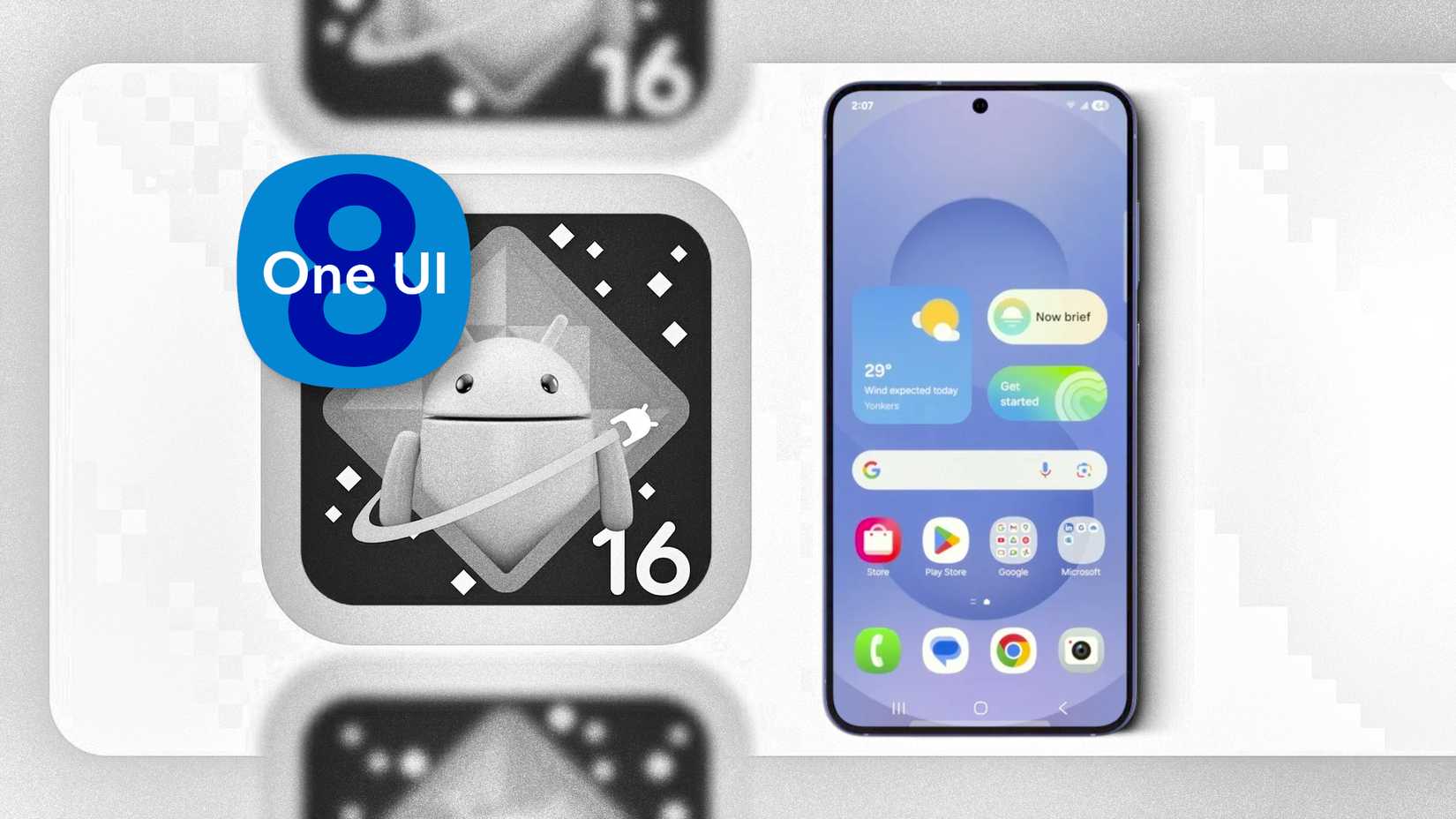 One UI 8 logo on top of Android 16 logo next to a Samsung phone