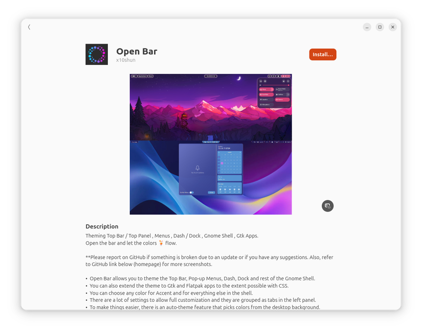 Openbar GNOME Extension install page.