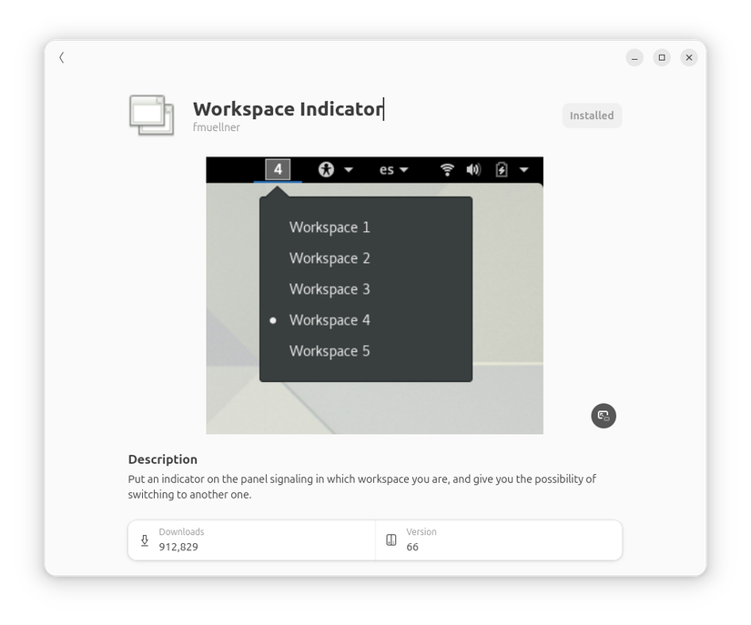 Workspace Indicator GNOME Extension install page.