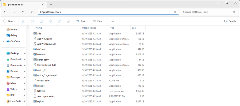 The location of the ADB tools in Windows.