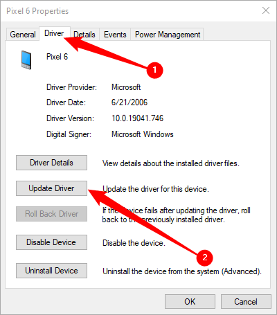 Open the &quot;Drive&quot; tab, then click &quot;Update Driver.&quot;