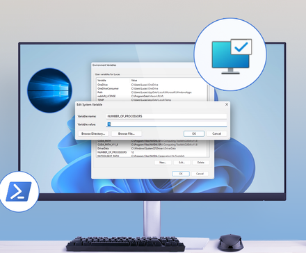 Computer monitor showing the Windows Environment Variables editor with an open dialog for editing a system variable.
