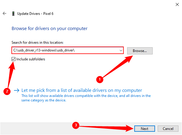 Browse to the local drivers, tick &quot;Include Subfolders,&quot; then click &quot;Next&quot; to install the drivers manually. 