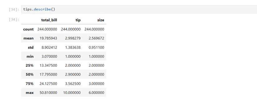 Descriptive statistics using pandas of a restaurant tips dataset in a Jupyter notebook.