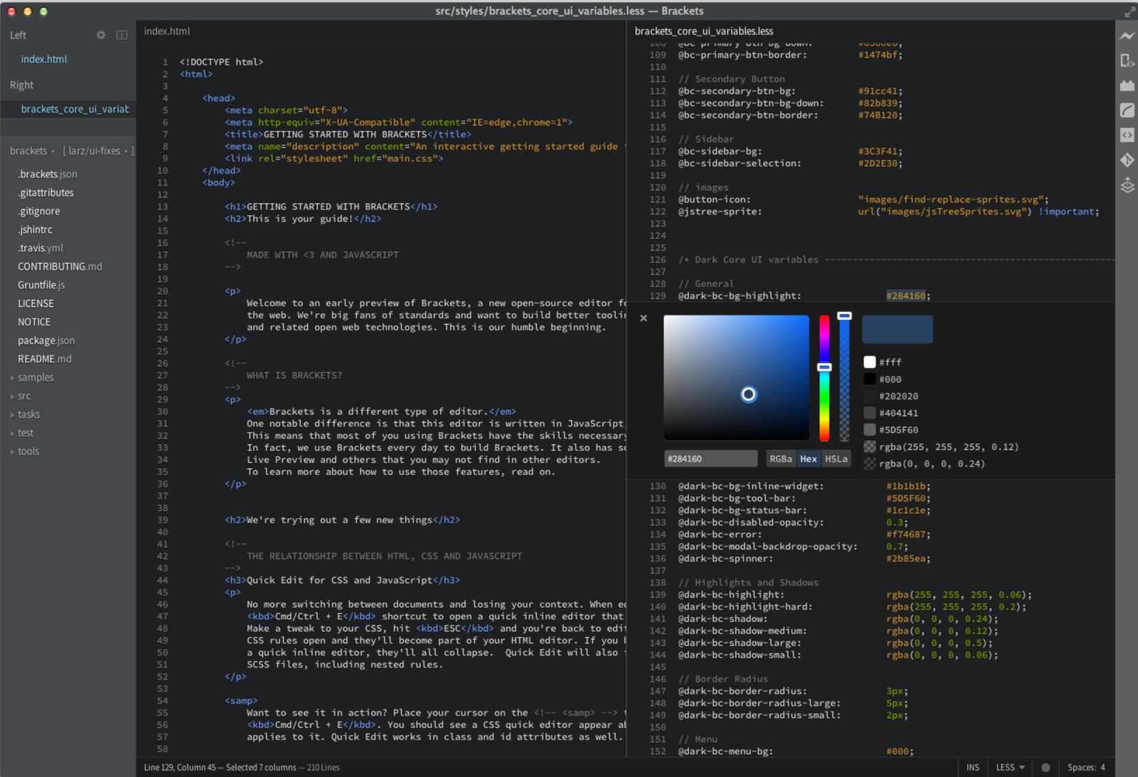 A screenshot of Adobe Brackets, a lightweight, open-source web development tool.