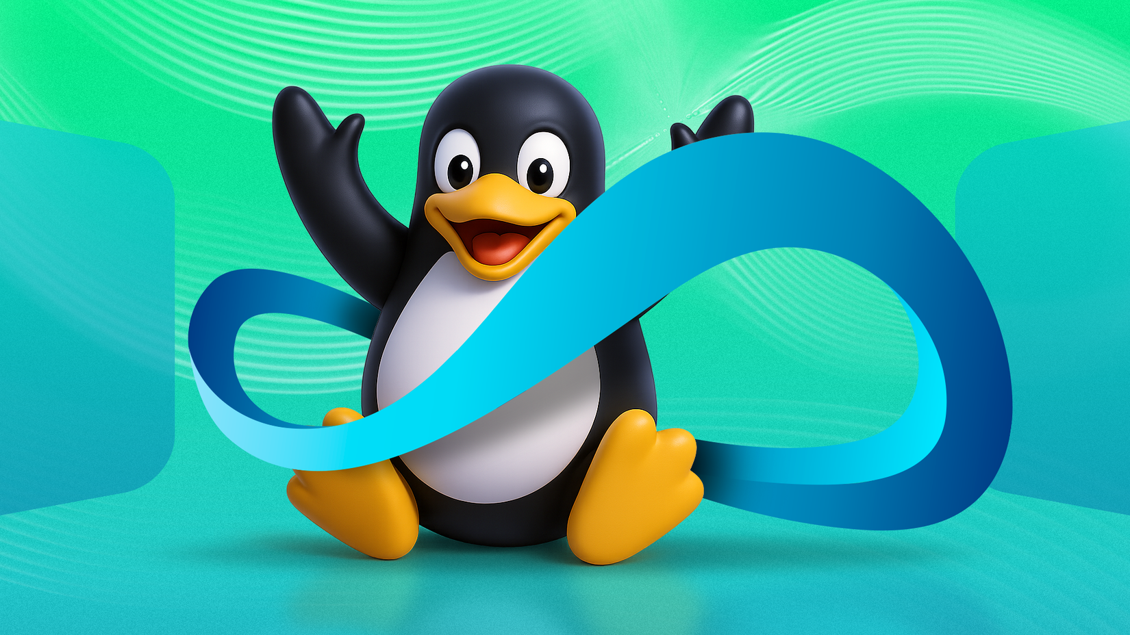 Linux mascot with an infinity symbol around it.