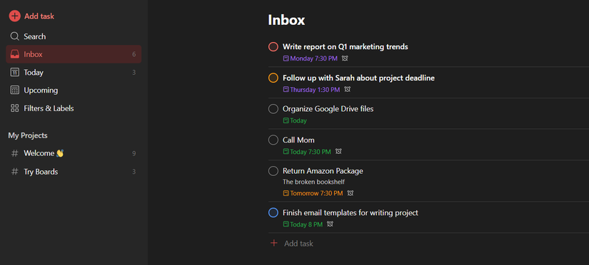 Todoist list management app displaying "Inbox" which shows all tasks with deadlines and priority levels.