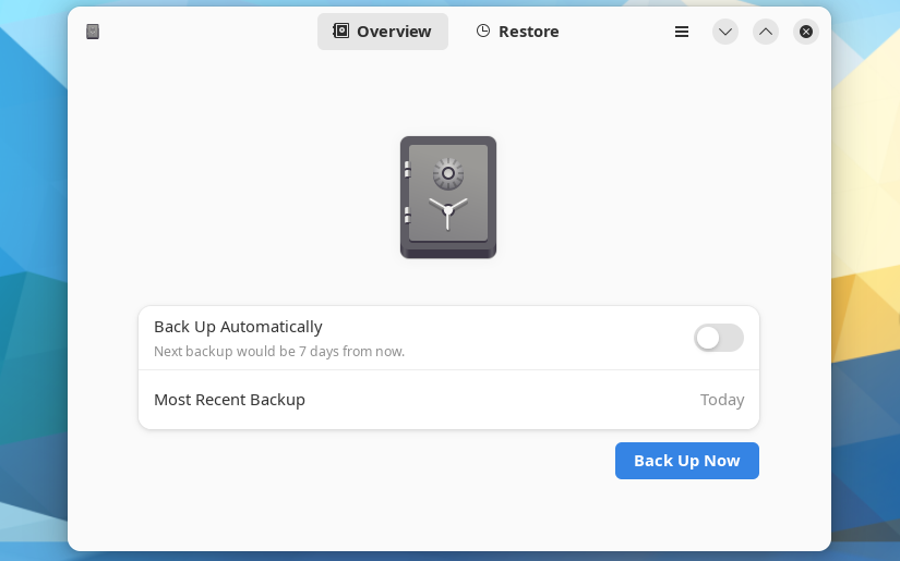 The Deja Dup app with options for backing up a computer.