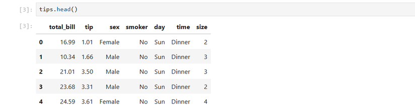 Head of a pandas DataFrame of the restaurant tips dataset from Seaborn.