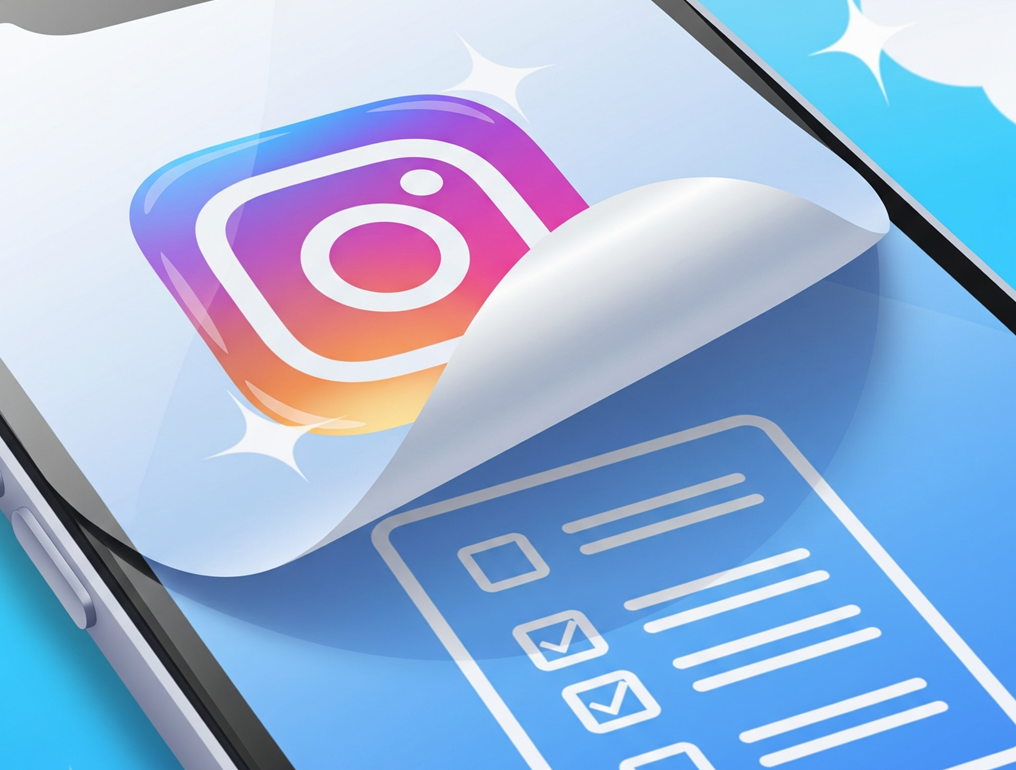 An Instagram icon on a phone peeling away to reveal a to do list app.
