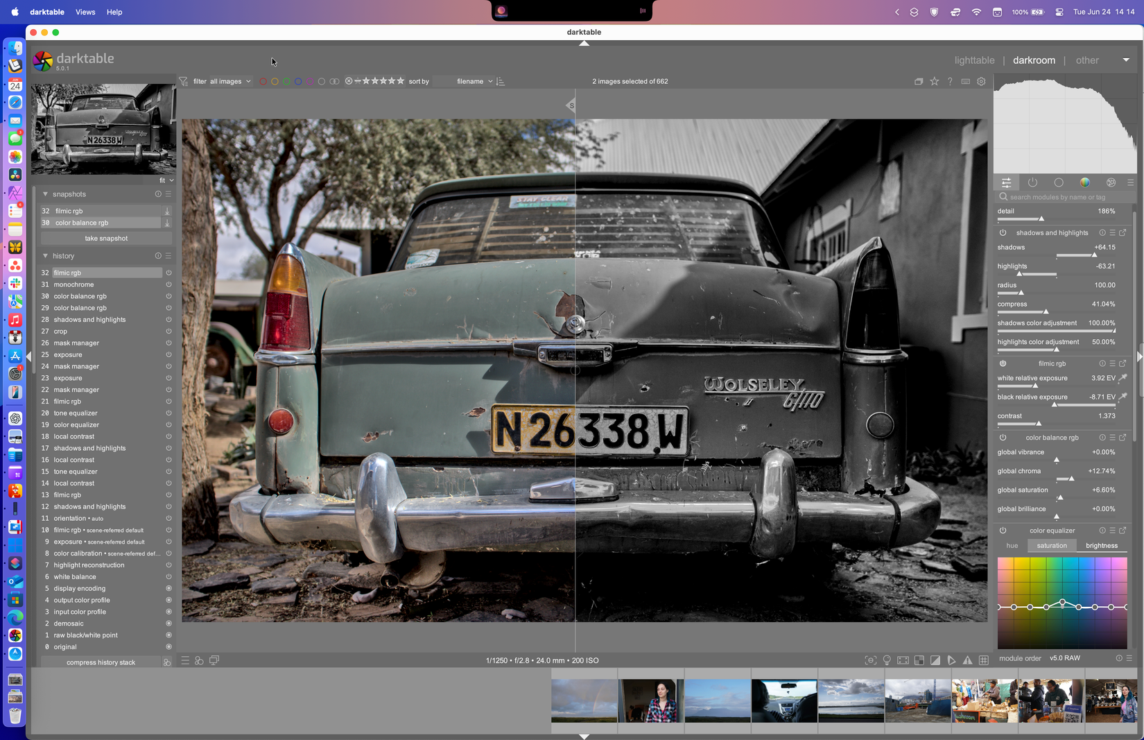 darktable using snapshots to preview changes.