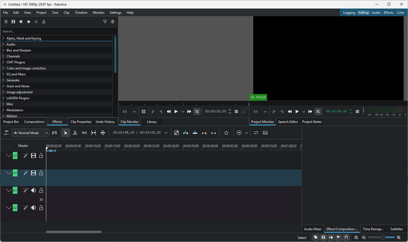 The Kdenlive main interface with the filters displayed. 