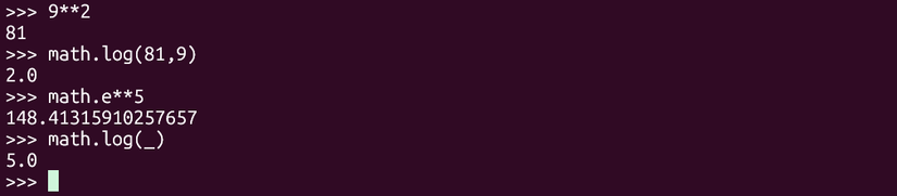 Logarithmic functions demonsrated in Python's interactive mode.