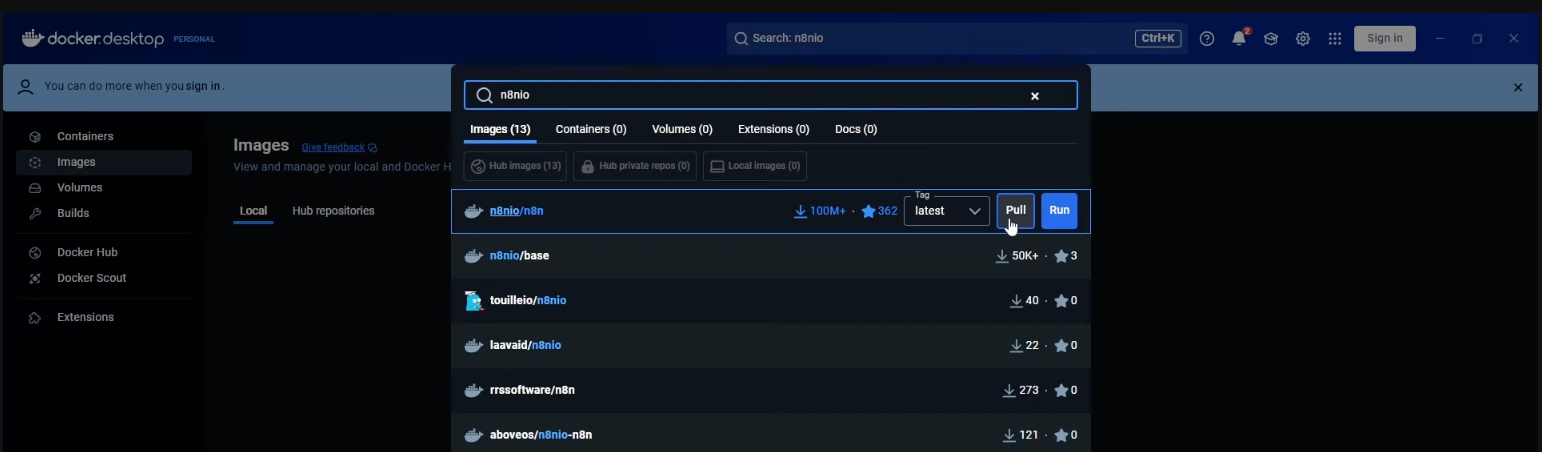How to Build AI Workflows with n8n 3 Docker Desktop interface showing a search for "n8nio" under Images. Several container images are listed with download and star counts. Options to Pull and Run the selected image are visible.
