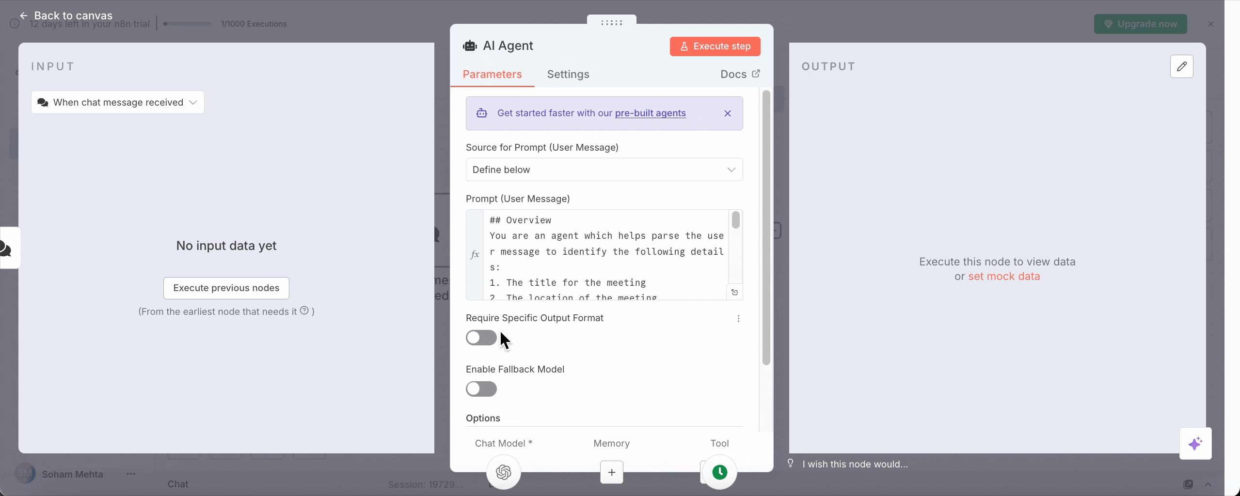 How to Build AI Workflows with n8n 9 Screenshot of an AI agent interface with a dialogue box showing parameters such as source for the user message and options for enabling specific output format. The workspace also displays input and output sections with no data.