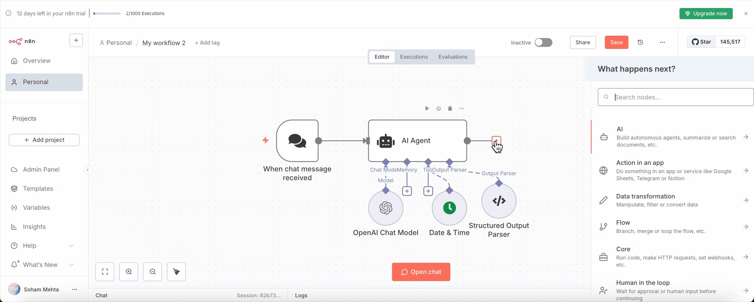 How to Build AI Workflows with n8n 10 Workflow automation interface displaying a chat message integration with an AI agent, using nodes for OpenAI Chat Model, Date & Time, and Structured Output Parser. Sidebar shows options for AI, app actions, data transformation, and more. A save button and trial information are visible at the top. Add "Google Calender" create event node