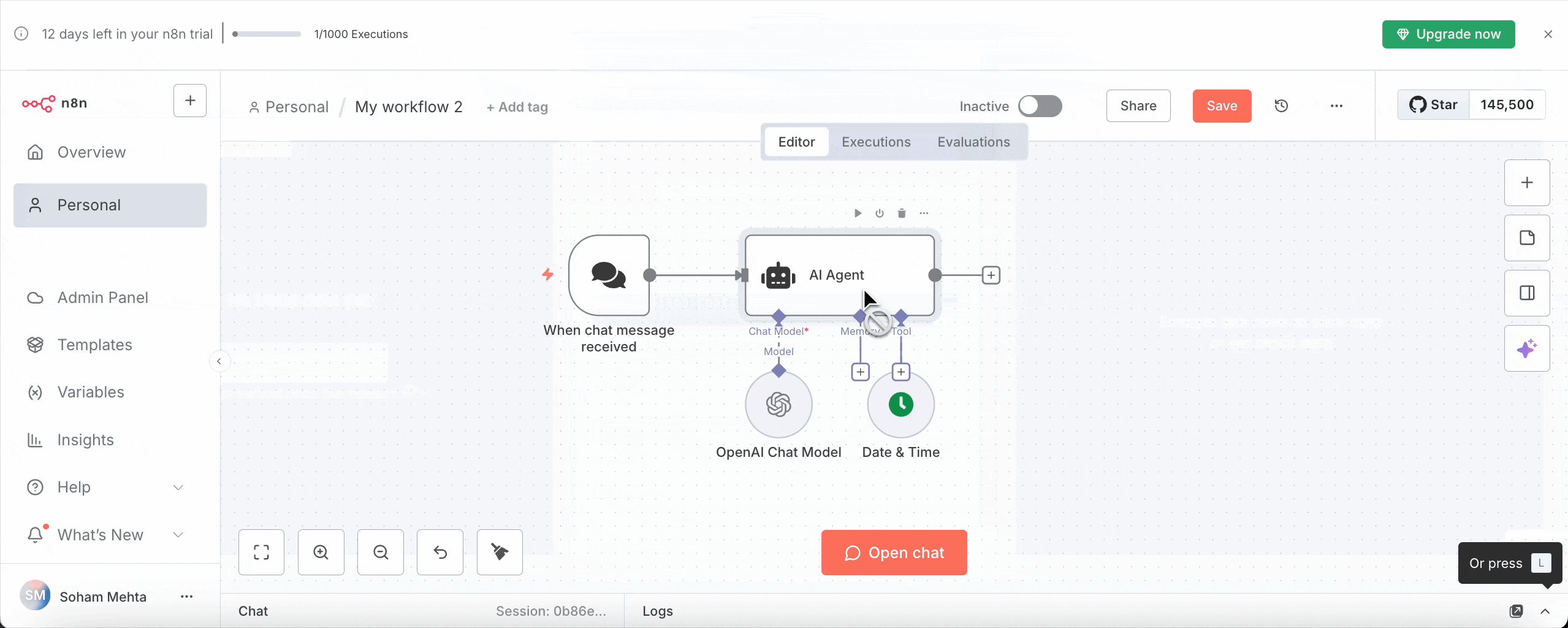 How to Build AI Workflows with n8n 8 User interface of the n8n workflow editor displaying a workflow named "My workflow 2." The screen shows nodes including "When chat message received," "AI Agent," and connections to OpenAI Chat Model and Date & Time. The user is interacting with the interface, and various menu options are visible on the left sidebar.