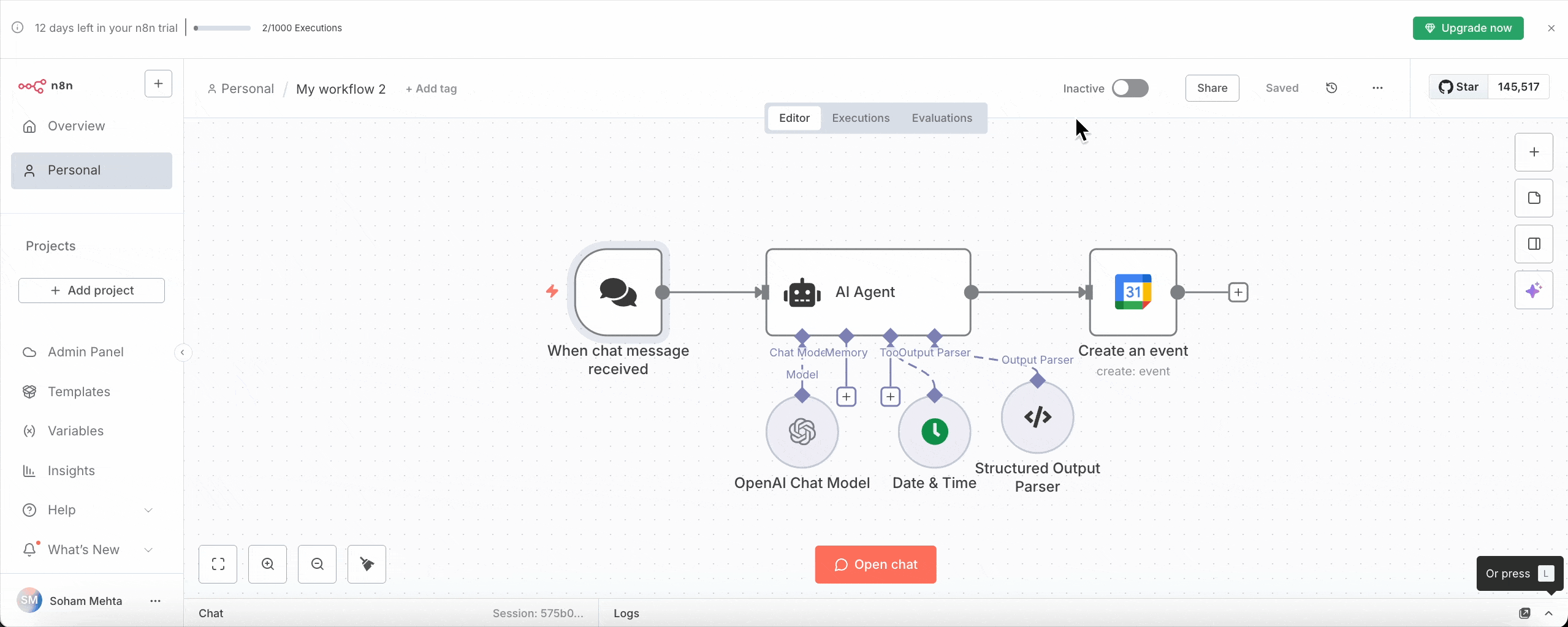 How to Build AI Workflows with n8n 11 A workflow automation setup in n8n showing a process where a chat message triggers an AI agent, which interacts with the OpenAI Chat Model and a Structured Output Parser to create an event. The interface includes various options like adding projects, templates, and accessing the admin panel.