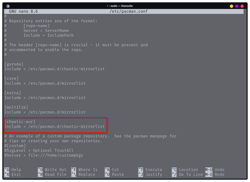 The pacman.conf file focusing on the Chaotic AUR line.