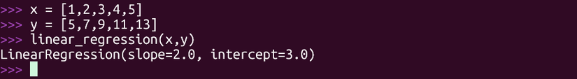 Linear regression using the Python statistics module in the interactive interpreter.