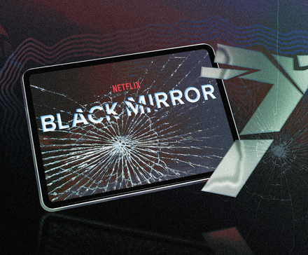 Black Mirror logo on a cracked screen with the number 7 beside it.