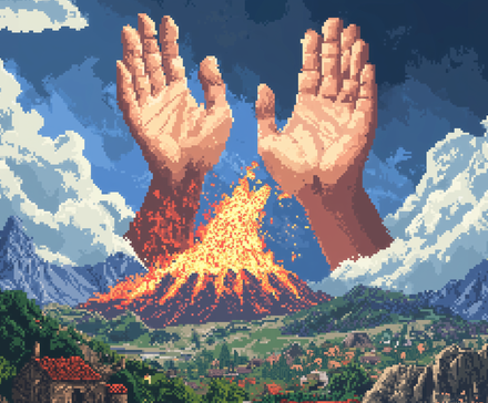 AI-generated pixel art of a god's hands reaching down out of the sky with an epic landscape showing villagers and natural disasters like volcanoes and tsunamis.