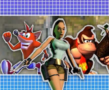 Main characters of Crash Bandicoot, Tomb Raider, and Donkey Kong.