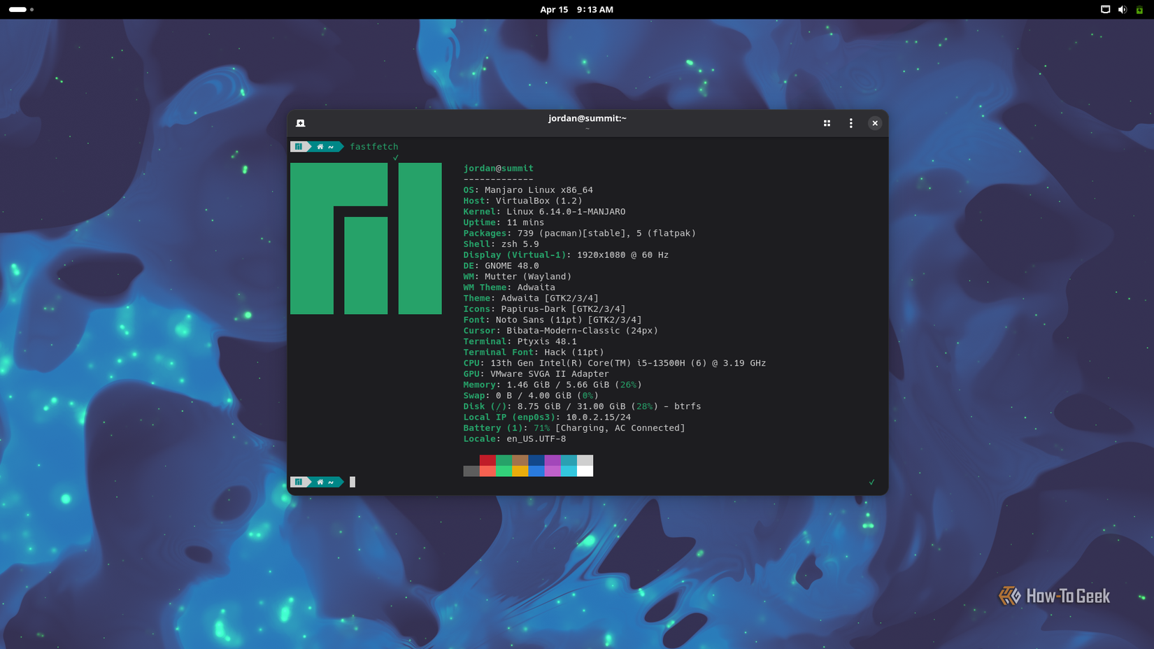 Manjaro Summit desktop with a terminal open and a fastfetch output showing system stats.
