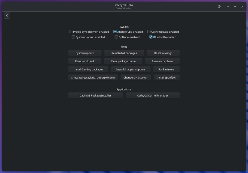 CachyOS Hello App overview.