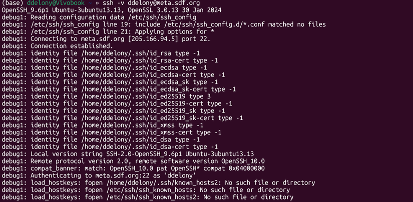 SSH connection using verbose mode with diagnostic information.