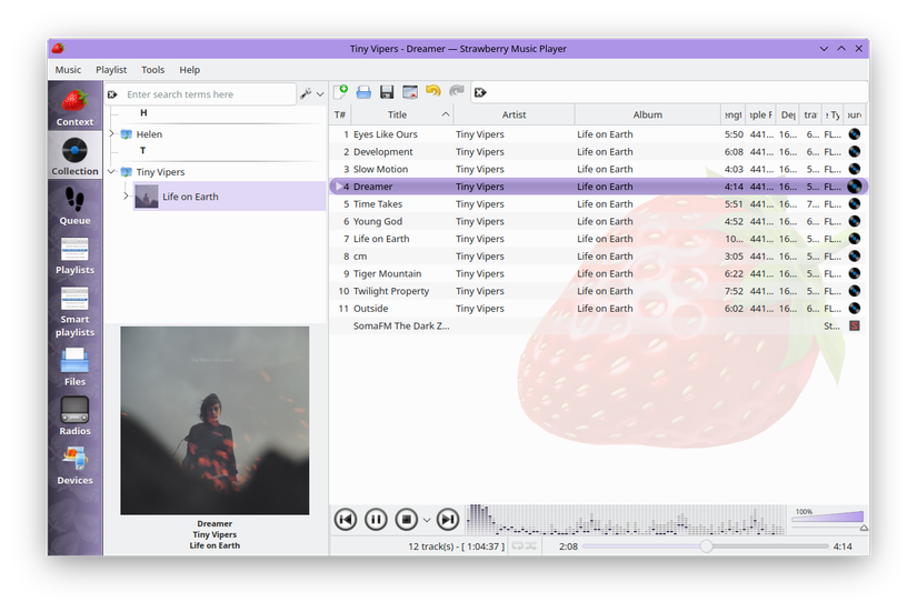 The Strawberry music applciation playing music from a playlist.