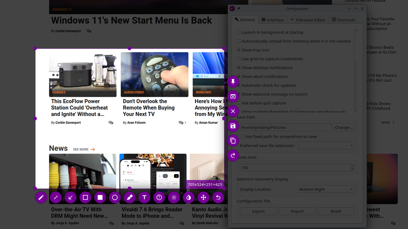 Flameshot application being used to capture a screenshot, with the settings dialog visible next to it.