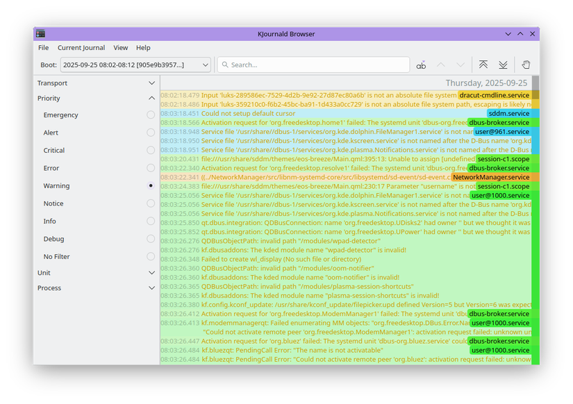 The Kjournald Browser showing several color-coded error messages in a journal.