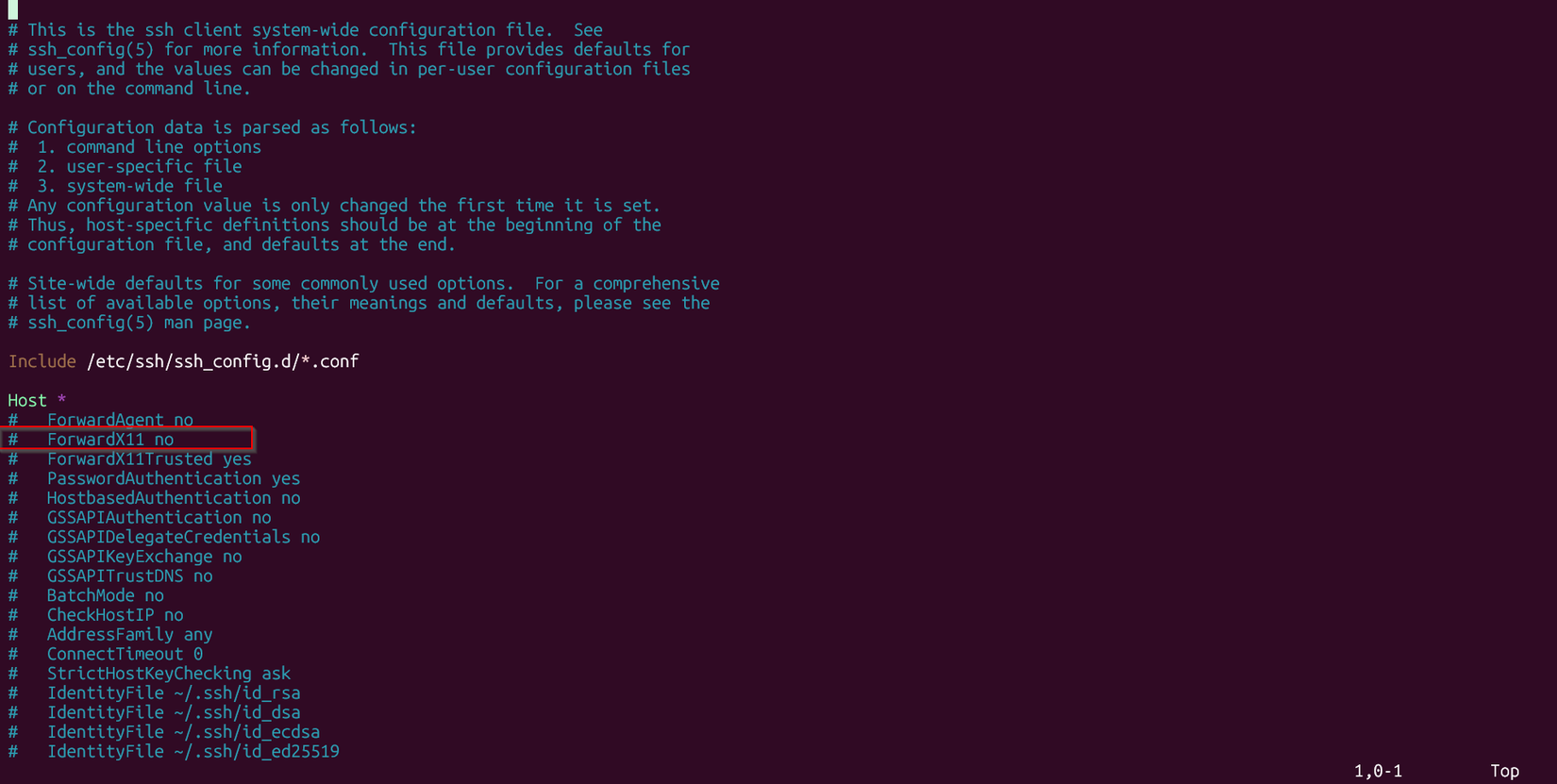 SSH config file with X11 forwarding option highlighted with a red box.