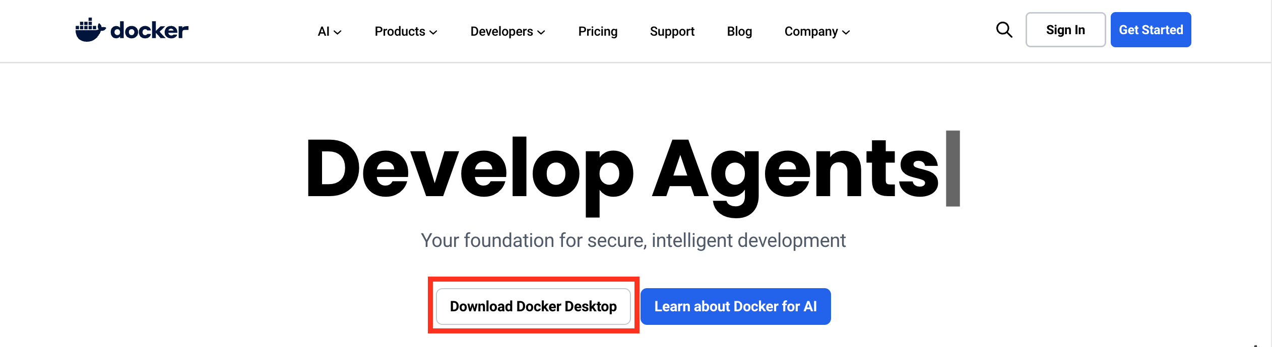 How to Build AI Workflows with n8n 2 Screenshot of the Docker website showing navigation links and buttons for "Download Docker Desktop" and "Learn about Docker for AI" under the heading "Develop Agents".