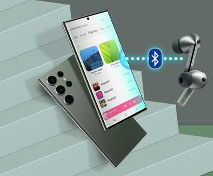 A Samsung Galaxy facing backwards and another facing forward with a music app open, two Galaxy Buds next to them, and a Bluetooth icon in between.