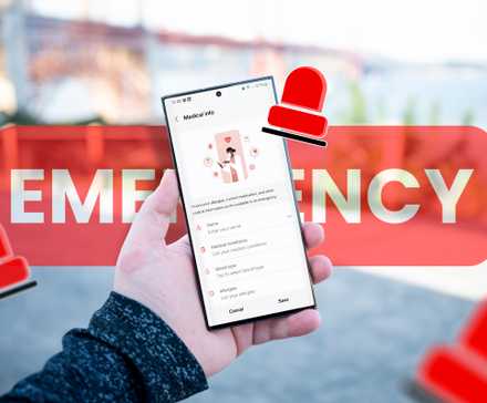 A person holding an S23 Ultra on the medical information entry screen, with some emergency sirens around it.