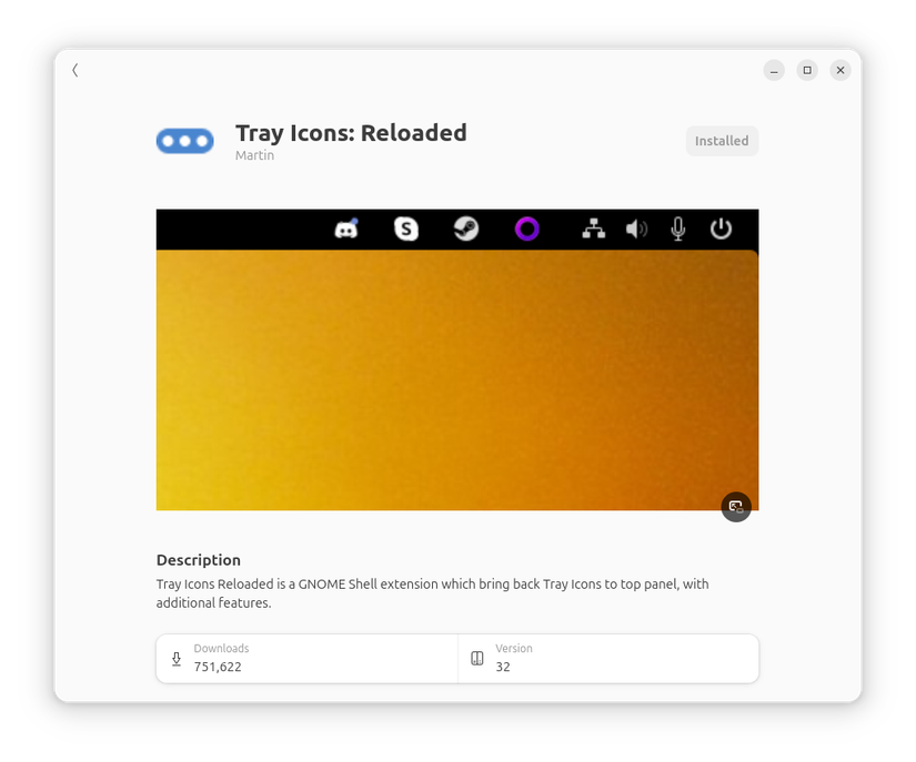 Tray Icons Reloaded GNOME Extension install page.