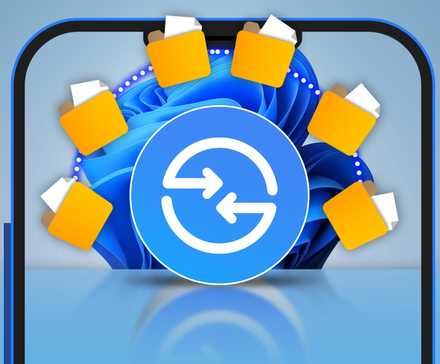 This New Linux App Makes Android File Sharing a Breeze 2 A phone screen with the Quick Share logo, some file folders around it, and the Windows 11 wallpaper in the background.