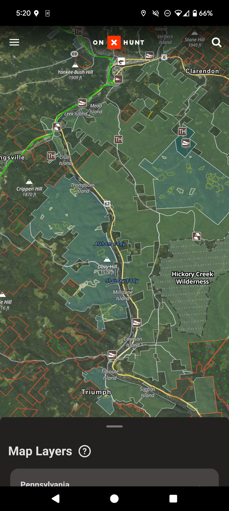 A screenshot from the OnX app showing a segment of the Allegheny River in Pennsylvania. 
