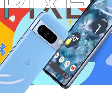 Blue Google Pixel 8 Pro shown from the front and back, with the Google logo and colorful graphic elements in the background.